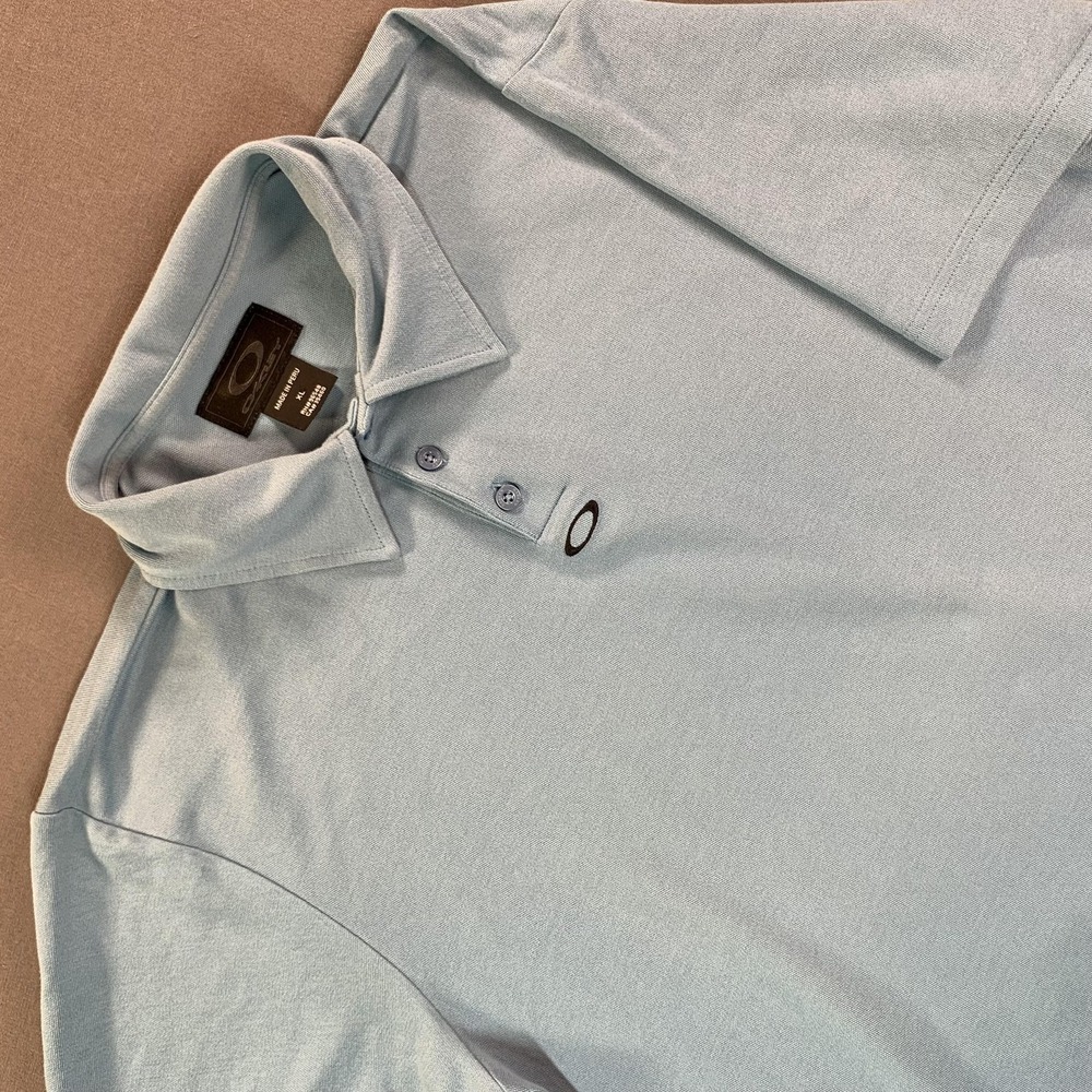 VTG Oakley Polo Shirt Men XL Blue Solid Golf Cotton Polyester Knit Center Logo